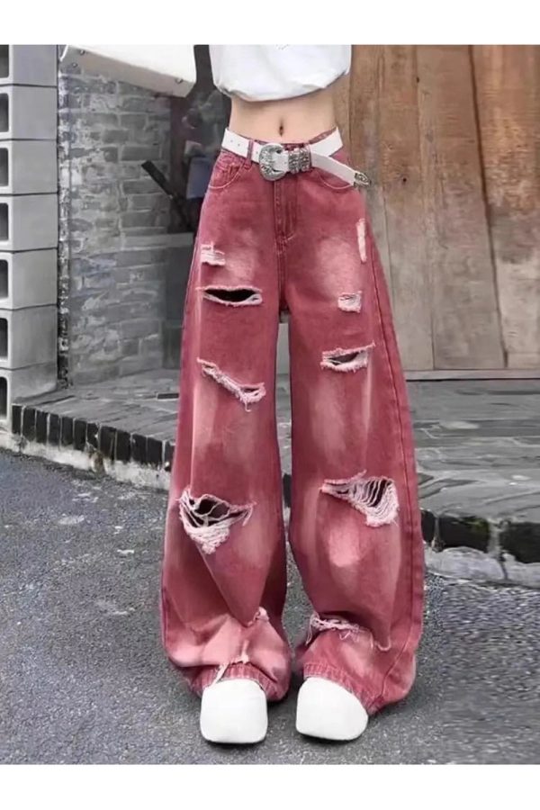 Retro Rose Distressed Baggy Jeans - Y2K Fashion Outfit for 2000s Style