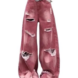 Retro Rose Distressed Baggy Jeans - Y2K Fashion Outfit for 2000s Style