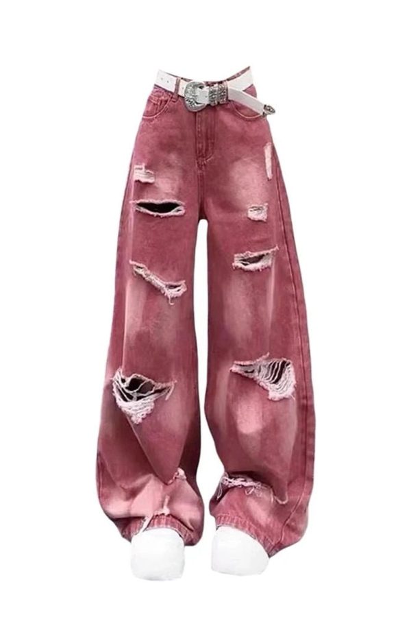 Retro Rose Distressed Baggy Jeans - Y2K Fashion Outfit for 2000s Style