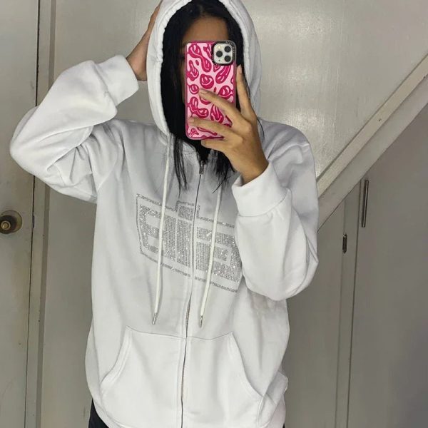 Rhinestone Logo Zip-Up Hoodie - Cute 2000s Outfits & Y2K Fashion