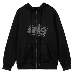 Rhinestone Logo Zip-Up Hoodie - Cute 2000s Outfits & Y2K Fashion