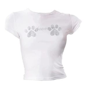 Rhinestone Paw Print Baby Top - Trendy Y2K Fashion Outfit for Women