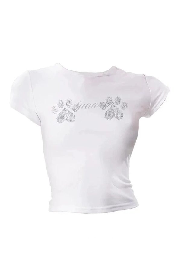 Rhinestone Paw Print Baby Top - Trendy Y2K Fashion Outfit for Women