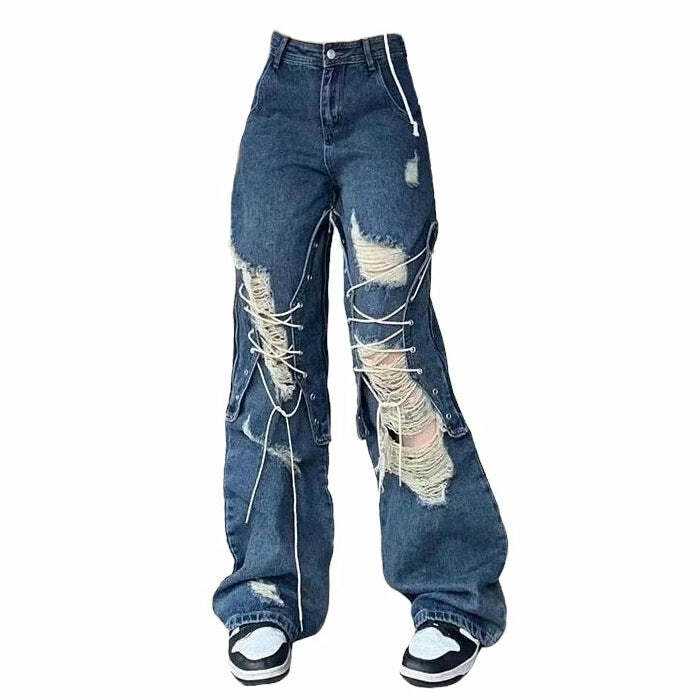 Ripped Lace Up Baggy Jeans - Trendy 2000s Fashion Outfit for Y2K Style