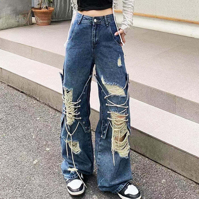 Ripped Lace Up Baggy Jeans - Trendy 2000s Fashion Outfit for Y2K Style