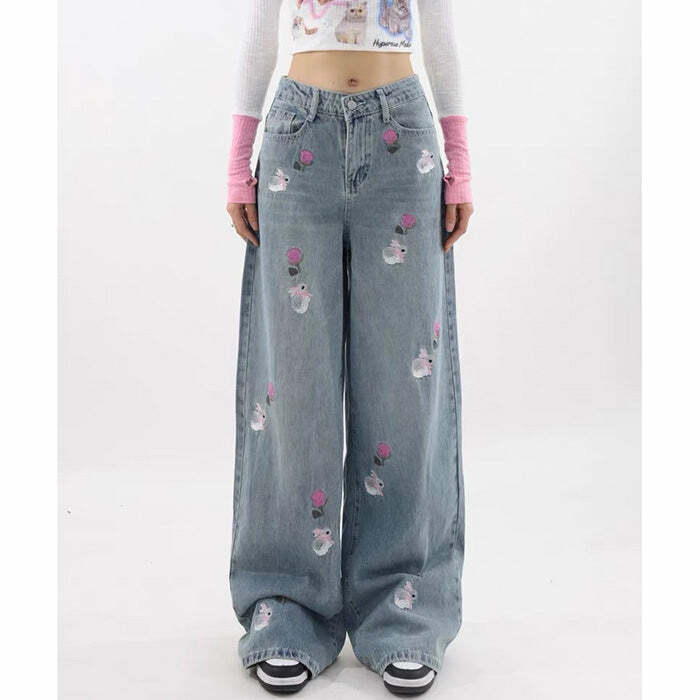 Rose and Bunny Embroidery Jeans - Iconic Y2K Fashion Outfits for Fall