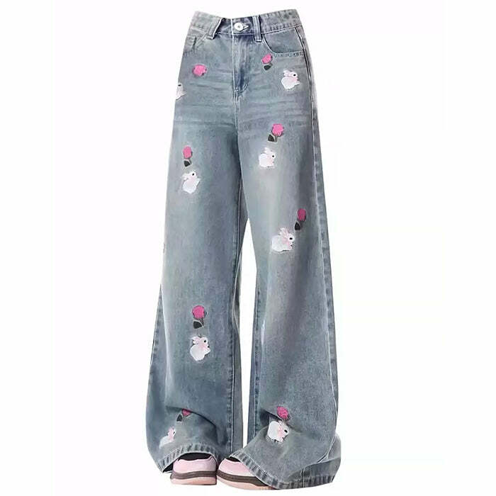 Rose and Bunny Embroidery Jeans - Iconic Y2K Fashion Outfits for Fall