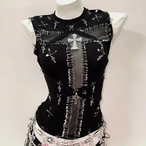 Safety Pin Cross Punk Top - Y2K Vintage Fashion, 2000s Outfits, McBling Style