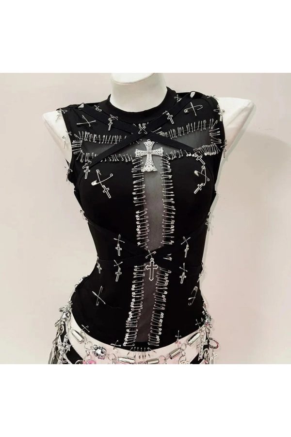 Safety Pin Cross Punk Top - Y2K Vintage Fashion, 2000s Outfits, McBling Style