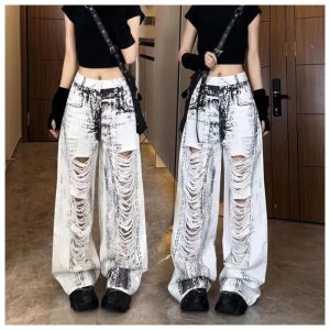 Shattered Chaos Ripped Jeans - Iconic Y2K Fashion Outfit for Fall 2000s