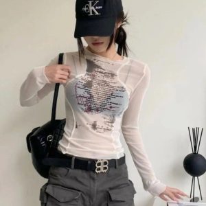 Sheer Black Text Graphic Mesh Top - Y2K Fashion Outfit for 2000s Style