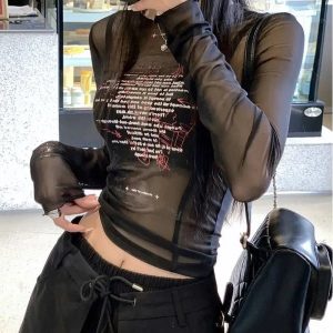 Sheer Black Text Graphic Mesh Top - Y2K Fashion Outfit for 2000s Style