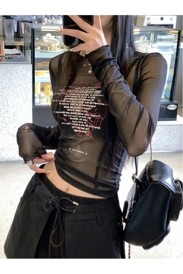 Sheer Black Text Graphic Mesh Top - Y2K Fashion Outfit for 2000s Style