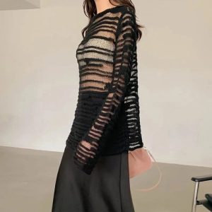 Sheer Shadow Striped Knit Top - Cute 2000s Outfits & Y2K Fashion Inspiration