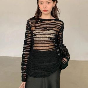 Sheer Shadow Striped Knit Top - Cute 2000s Outfits & Y2K Fashion Inspiration