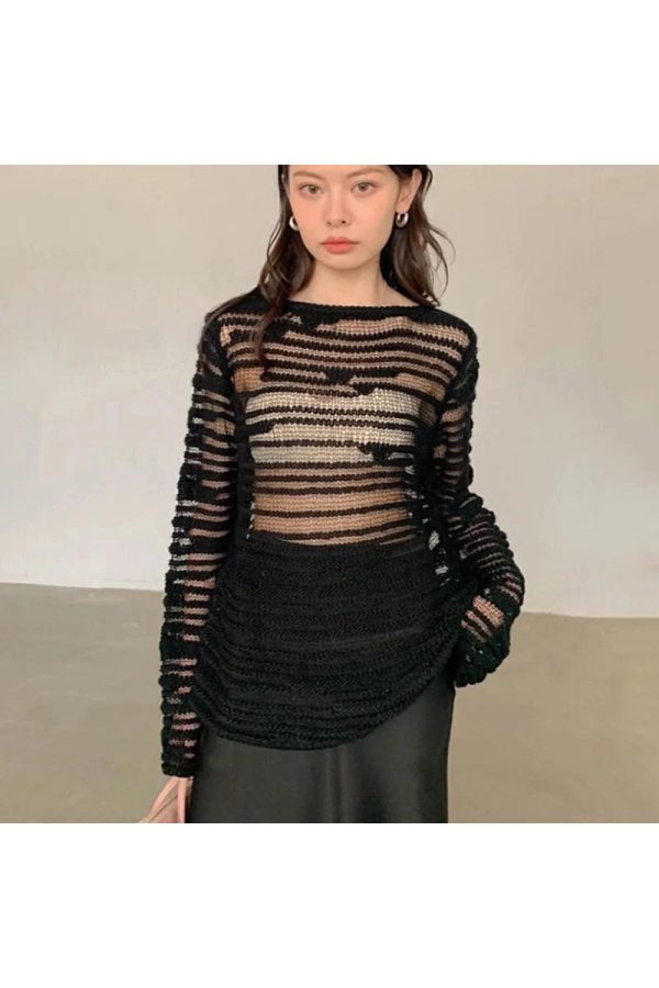 Sheer Shadow Striped Knit Top - Cute 2000s Outfits & Y2K Fashion Inspiration