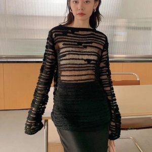 Sheer Shadow Striped Knit Top - Cute 2000s Outfits & Y2K Fashion Inspiration