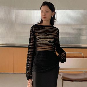 Sheer Shadow Striped Knit Top - Cute 2000s Outfits & Y2K Fashion Inspiration