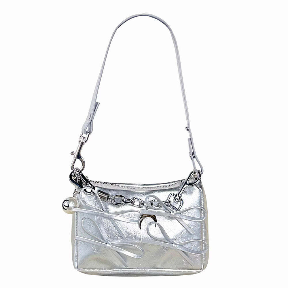 Silver Bows Shoulder Bag - Y2K Fashion Must-Have for 2000s Outfits