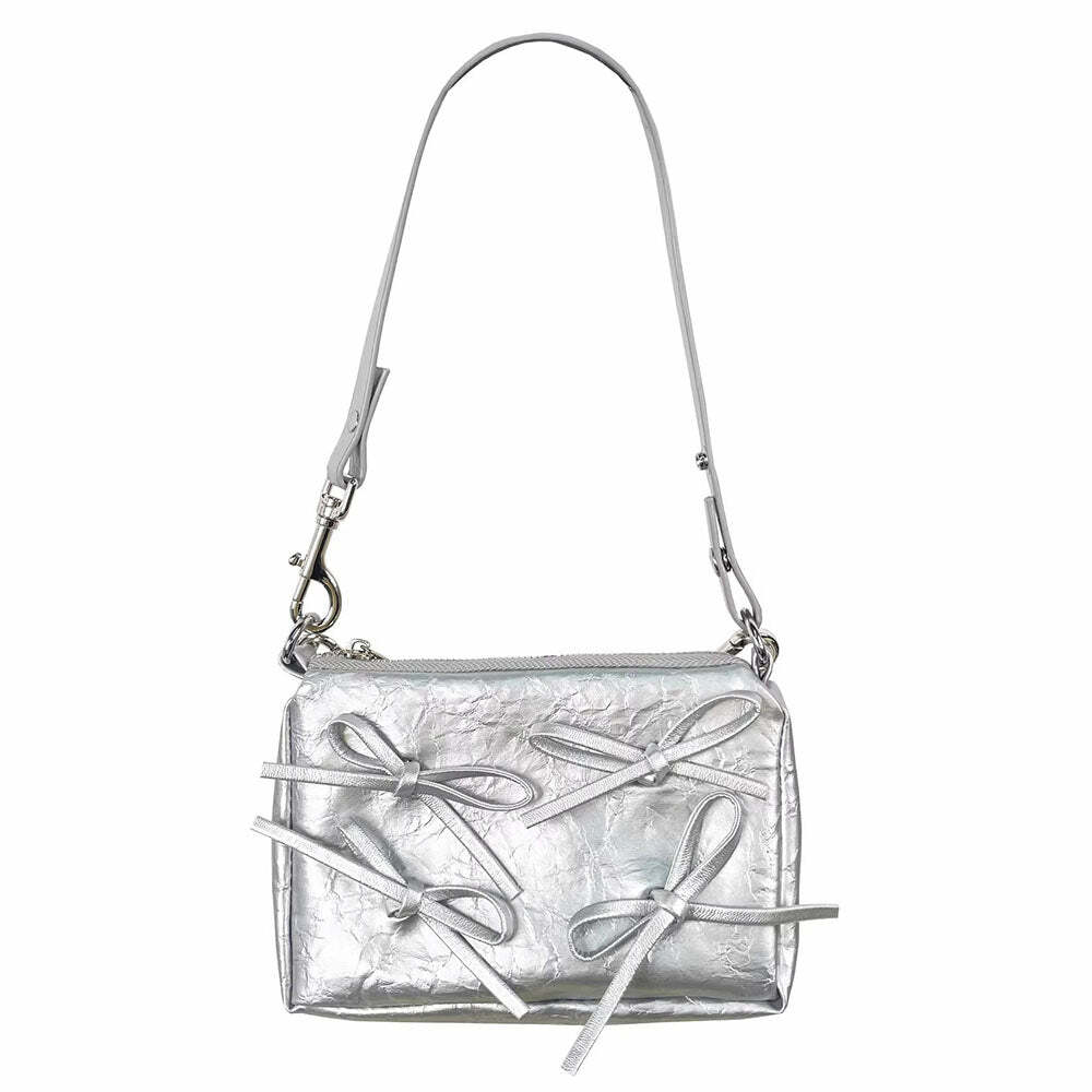 Silver Bows Shoulder Bag - Y2K Fashion Must-Have for 2000s Outfits