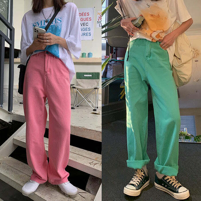 Skater Girl Aesthetic Wide Neon Jeans - Y2K Fashion Outfit Inspiration