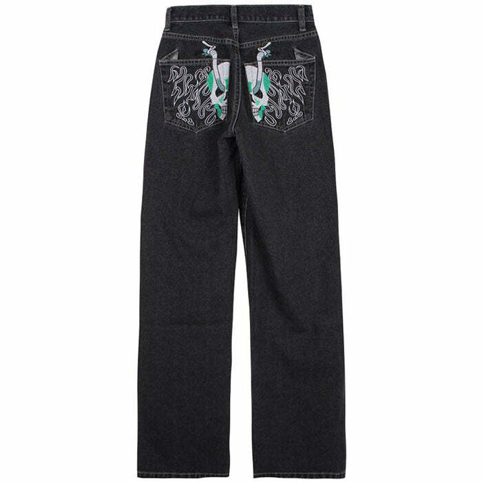 Skeleton Embroidery Jeans - Y2K Flair Jeans Outfit, 2000s Fashion Inspiration