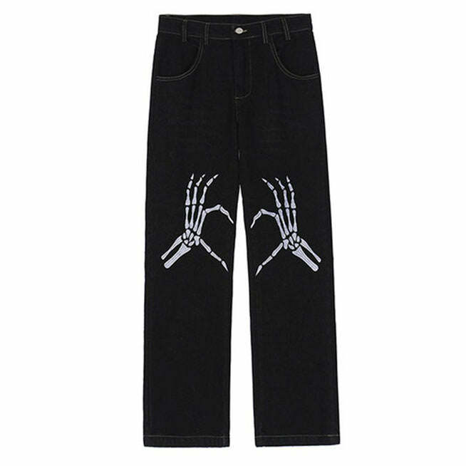 Skeleton Hands Embroidery Jeans - Y2K Fashion Outfit for 2000s Style