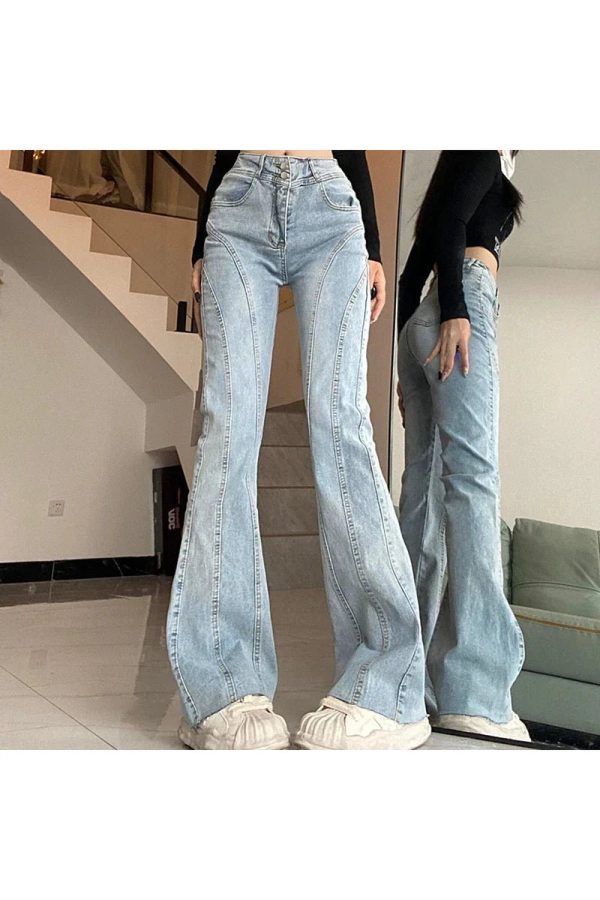 Skywave Stitch Flare Jeans - Iconic Y2K Fashion Outfits for Trendy Women