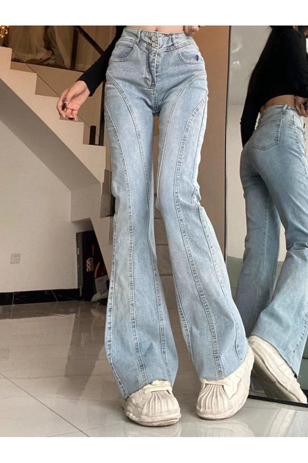 Skywave Stitch Flare Jeans - Iconic Y2K Fashion Outfits for Trendy Women