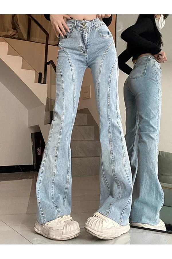 Skywave Stitch Flare Jeans - Iconic Y2K Fashion Outfits for Trendy Women