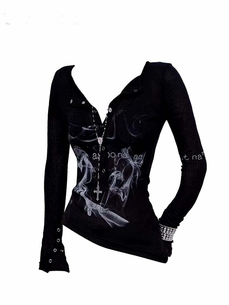 Smoke Print Goth Top - Y2K Fashion Outfit, 2000s Style, McBling Aesthetic