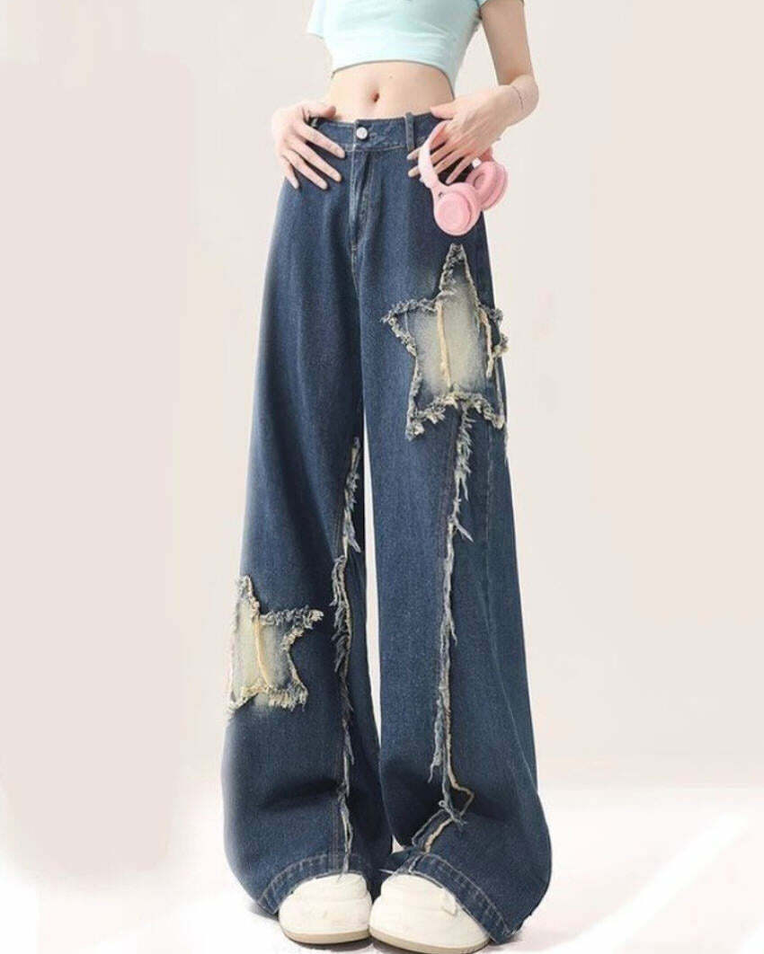 Star Patch Wide Leg Jeans - Iconic Y2K Fashion Outfits for Trendy Looks