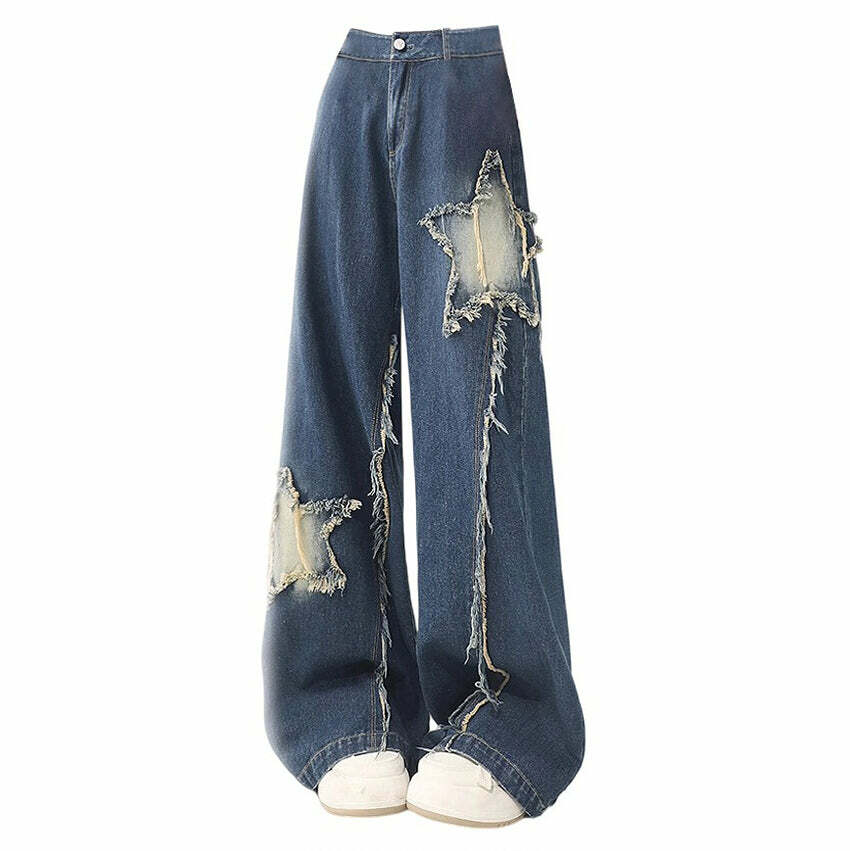 Star Patch Wide Leg Jeans - Iconic Y2K Fashion Outfits for Trendy Looks