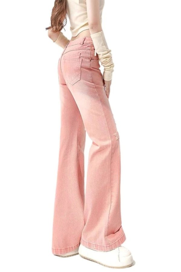 Starry Pink Distressed Jeans - Trendy Y2K Fashion Outfit for Fall 2000s