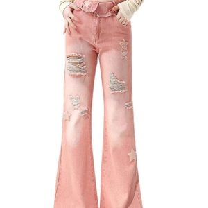 Starry Pink Distressed Jeans - Trendy Y2K Fashion Outfit for Fall 2000s