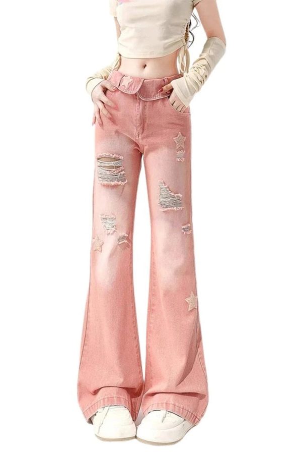 Starry Pink Distressed Jeans - Trendy Y2K Fashion Outfit for Fall 2000s