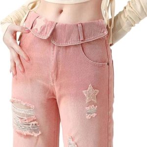 Starry Pink Distressed Jeans - Trendy Y2K Fashion Outfit for Fall 2000s