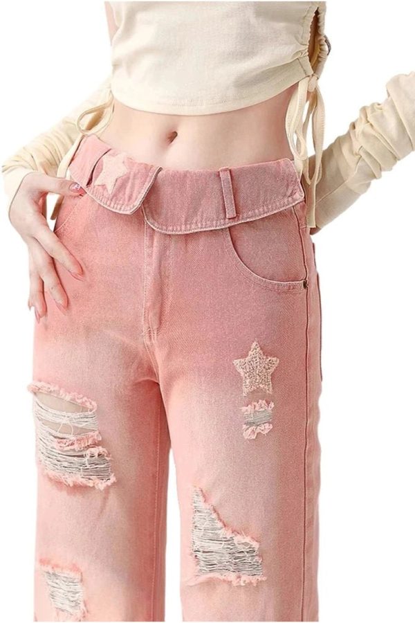 Starry Pink Distressed Jeans - Trendy Y2K Fashion Outfit for Fall 2000s