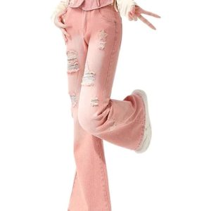 Starry Pink Distressed Jeans - Trendy Y2K Fashion Outfit for Fall 2000s