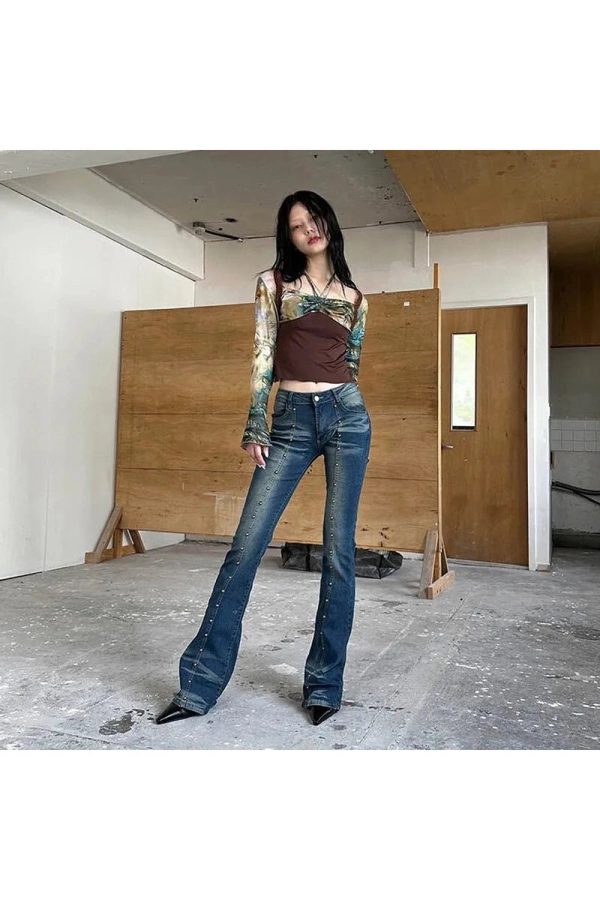 Stellar Studded Flare Jeans - Iconic Y2K Fashion Outfit for Fall 2000s