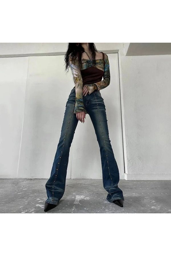 Stellar Studded Flare Jeans - Iconic Y2K Fashion Outfit for Fall 2000s