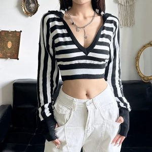 Striped Shadow Crop Hoodie - Trendy Y2K Fashion Outfit for Fall 2000s