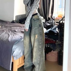 Vintage Fade Distressed Wide-Leg Jeans for Y2K Fashion Outfits