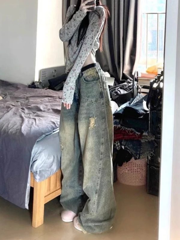 Vintage Fade Distressed Wide-Leg Jeans for Y2K Fashion Outfits