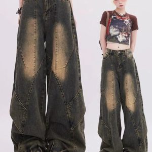 Vintage Fade Patchwork Jeans - Iconic Y2K Fashion Outfits for Women