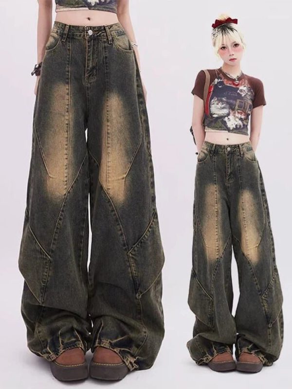 Vintage Fade Patchwork Jeans - Iconic Y2K Fashion Outfits for Women