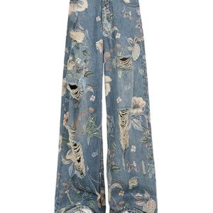 Vintage Floral Wide-Leg Jeans - Iconic Y2K Fashion Outfits for Fall