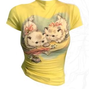 Vintage Kitten Graphic Top - Y2K Fashion Outfit, 2000s Style Inspiration