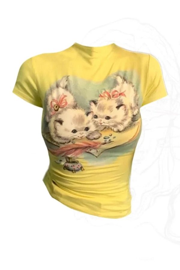 Vintage Kitten Graphic Top - Y2K Fashion Outfit, 2000s Style Inspiration