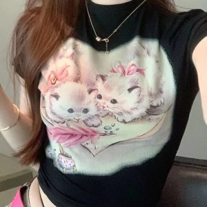 Vintage Kitten Graphic Top - Y2K Fashion Outfit, 2000s Style Inspiration